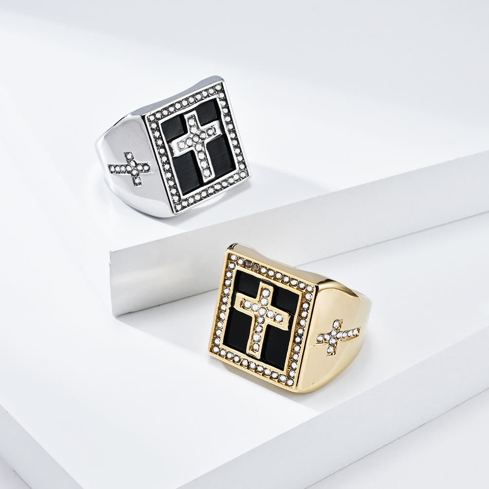 Anillo Cuadrado de Acero de Titanio con Cruz Estilo Retro Hip-Hop