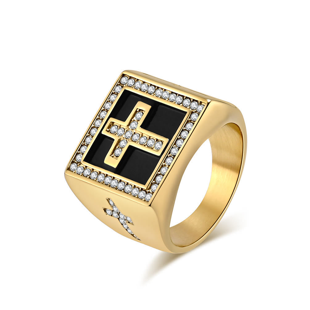 Anillo Cuadrado de Acero de Titanio con Cruz Estilo Retro Hip-Hop