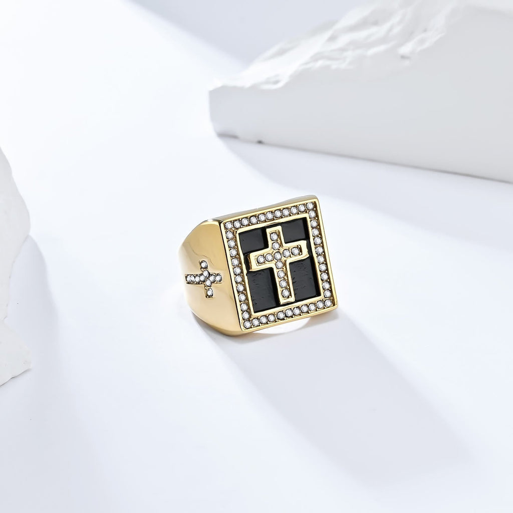 Anillo Cuadrado de Acero de Titanio con Cruz Estilo Retro Hip-Hop