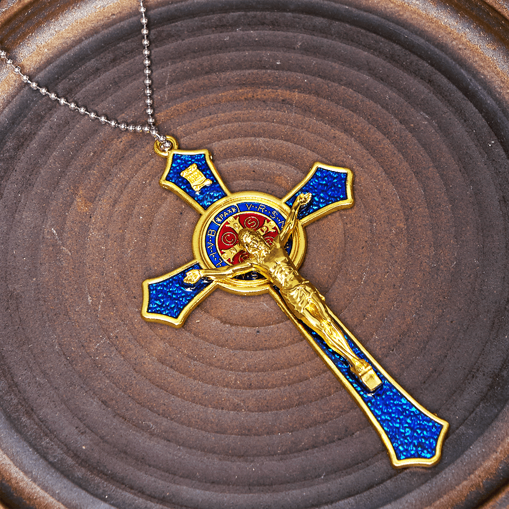 Collar con Dije Crucifijo Artesanal Grande Rojo/Azul Estilo Clásico (5 colores)