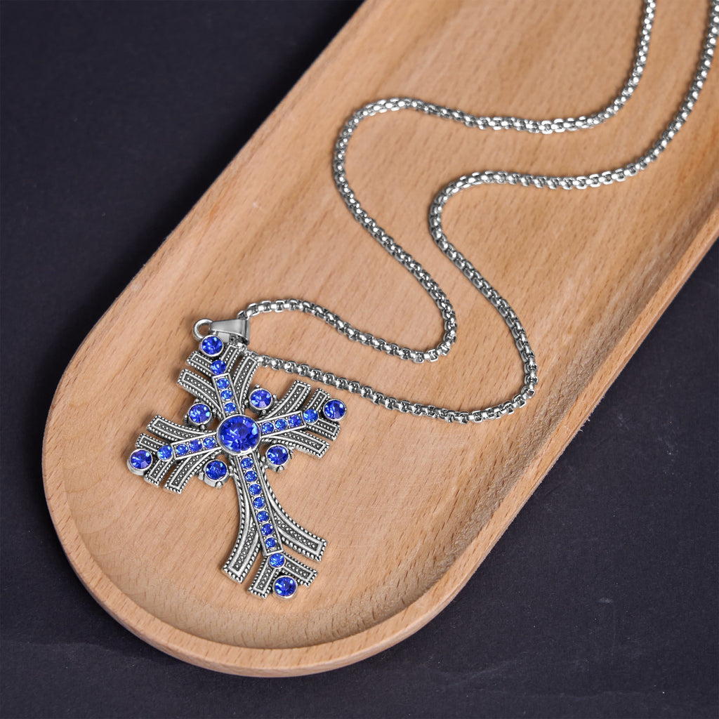 Collar con Dije de Cruz de Gemas Azules Estilo Bohemio Retro