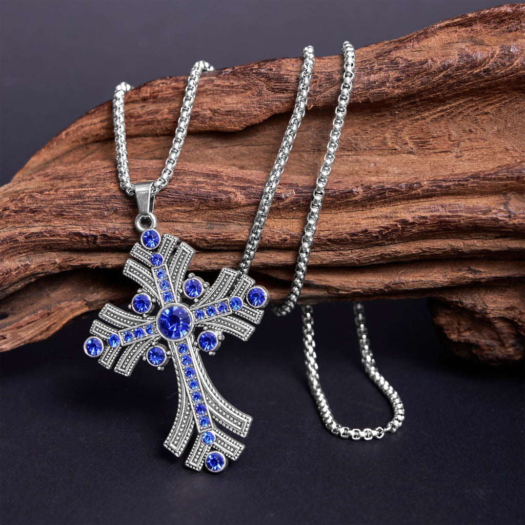 Collar con Dije de Cruz de Gemas Azules Estilo Bohemio Retro