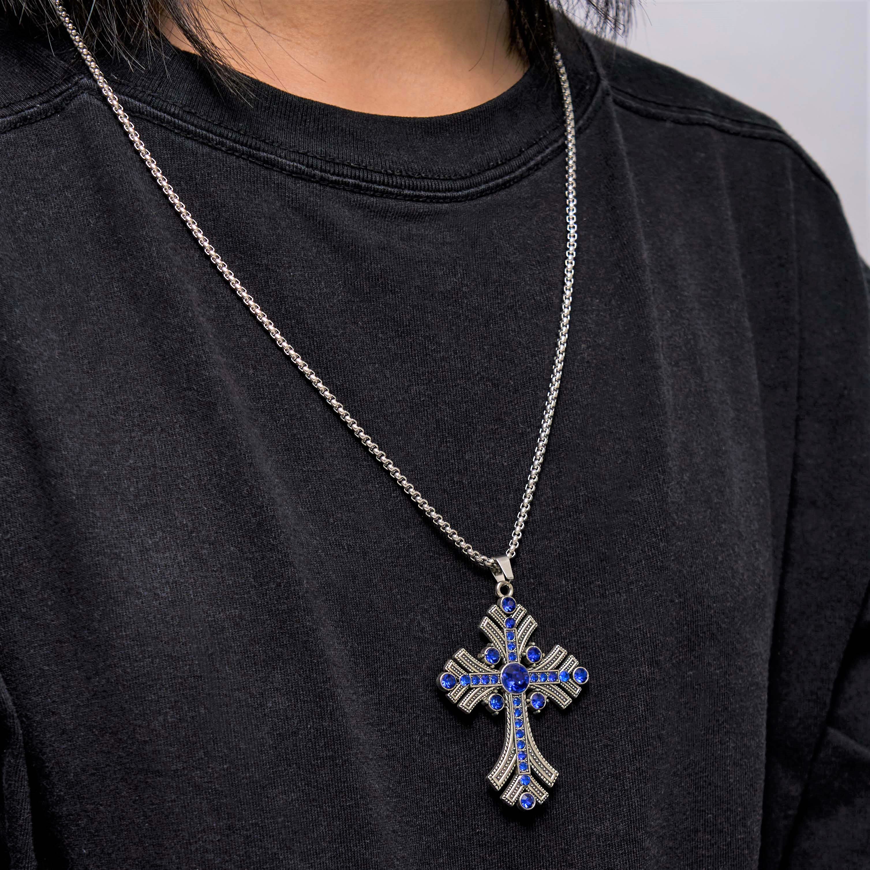 Collar con Dije de Cruz de Gemas Azules Estilo Bohemio Retro