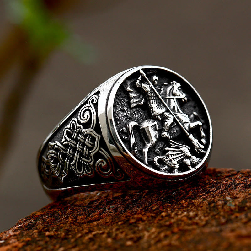 Anillo de Aleación con Figura de San Jorge y el Dragón Estilo Retro Clásico