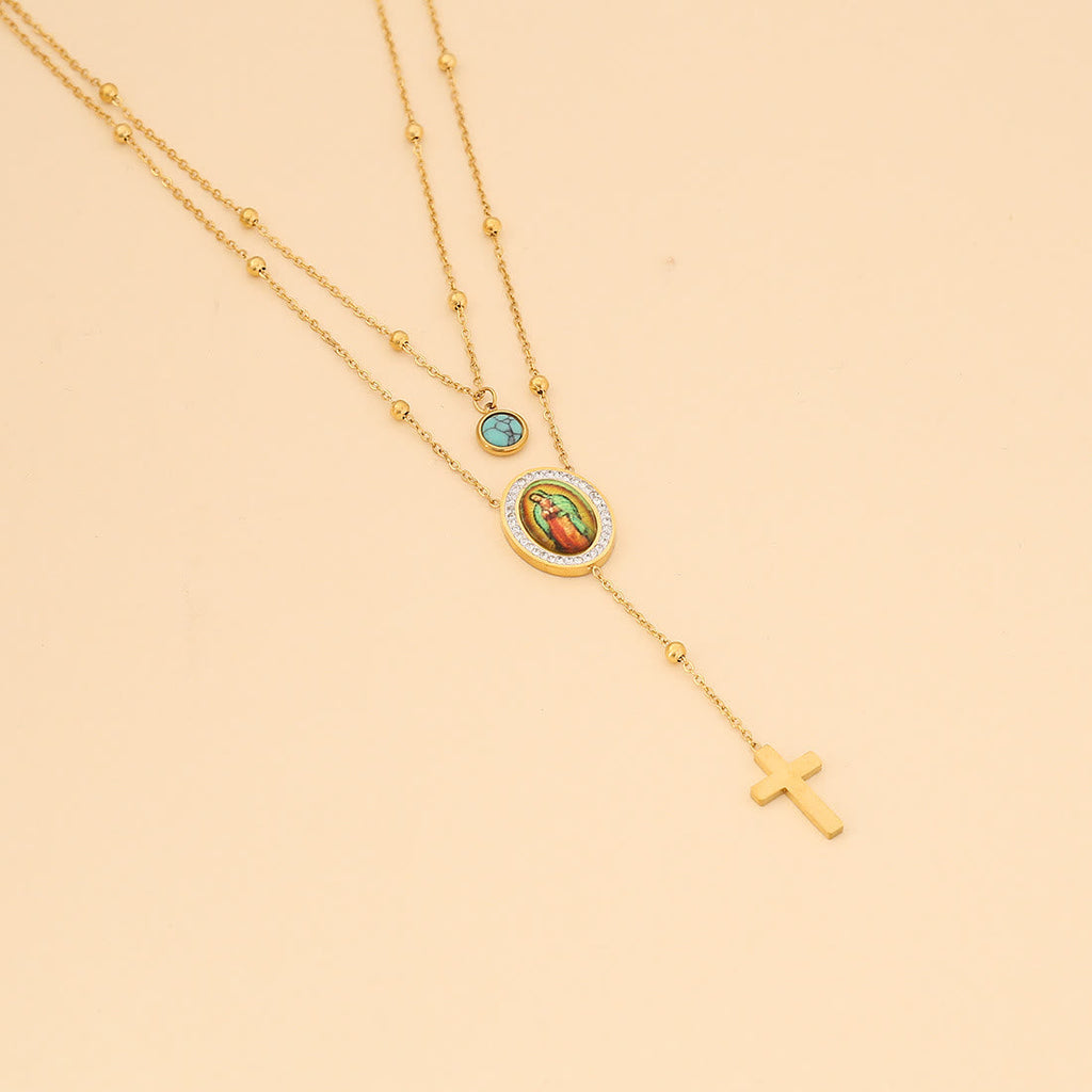 Collar de Doble Capa de Cruz de Turquesa con la Virgen de Guadalupe Estilo Minimalista