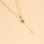 Collar de Doble Capa de Cruz de Turquesa con la Virgen de Guadalupe Estilo Minimalista