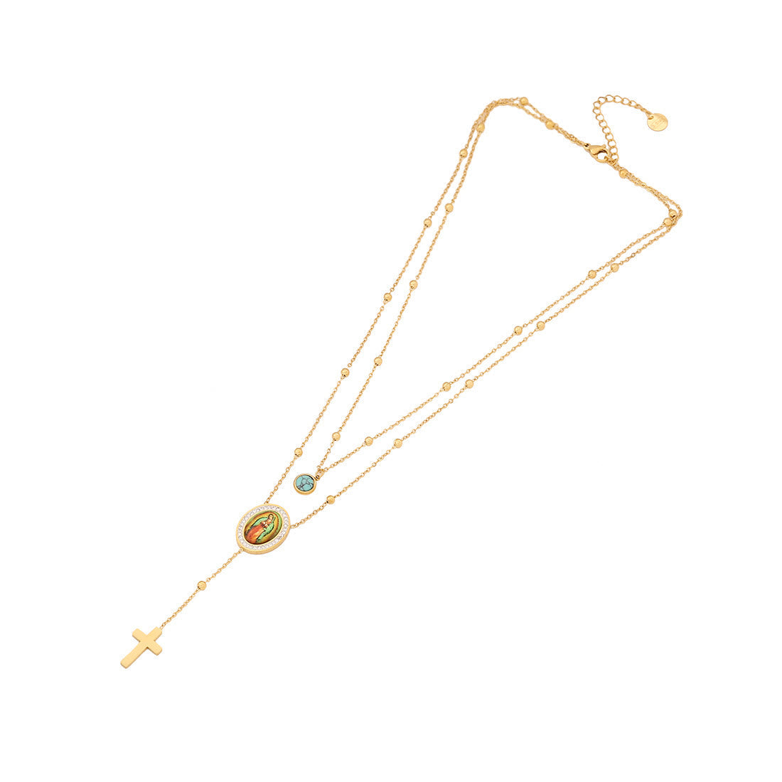 Collar de Doble Capa de Cruz de Turquesa con la Virgen de Guadalupe Estilo Minimalista