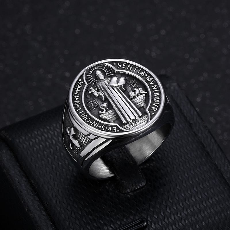 Anillo de Acero de Titanio de Protección de San Benito Estilo Retro Clásico