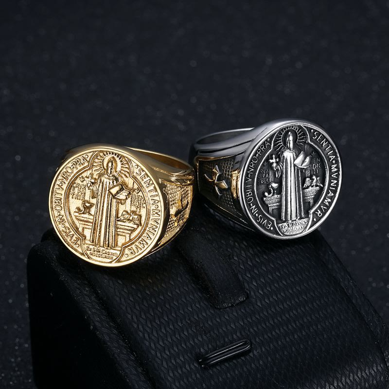 Anillo de Acero de Titanio de Protección de San Benito Estilo Retro Clásico