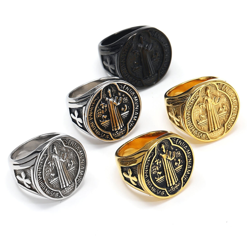 Anillo de Acero de Titanio de Protección de San Benito Estilo Retro Clásico
