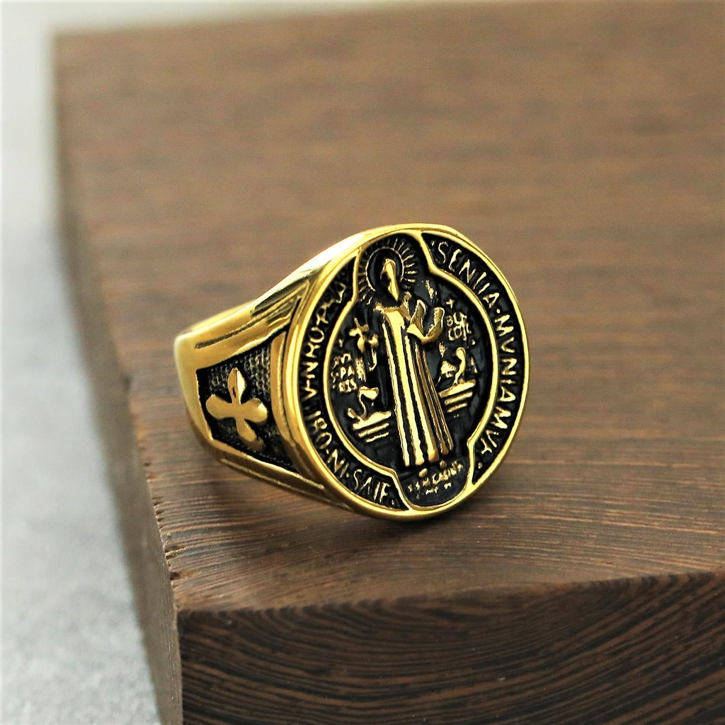 Anillo de Acero de Titanio de Protección de San Benito Estilo Retro Clásico