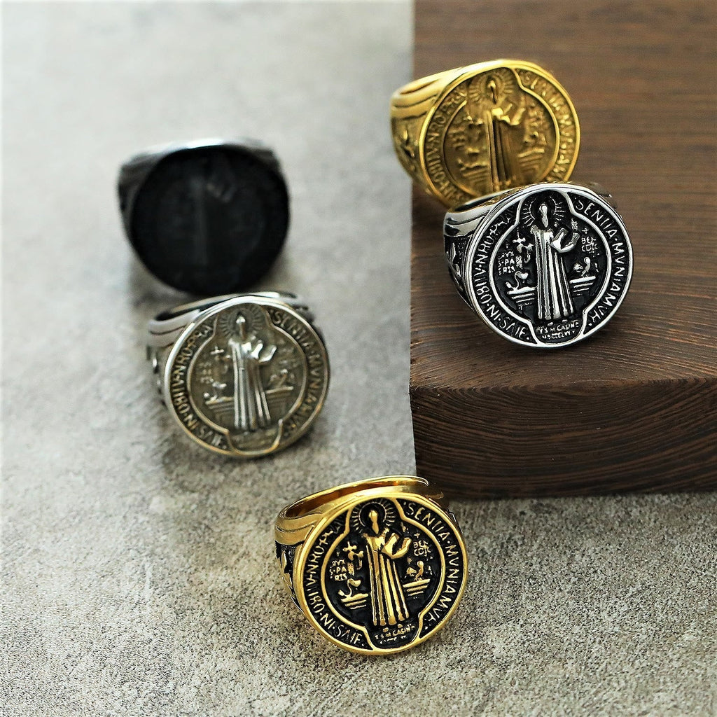 Anillo de Acero de Titanio de Protección de San Benito Estilo Retro Clásico