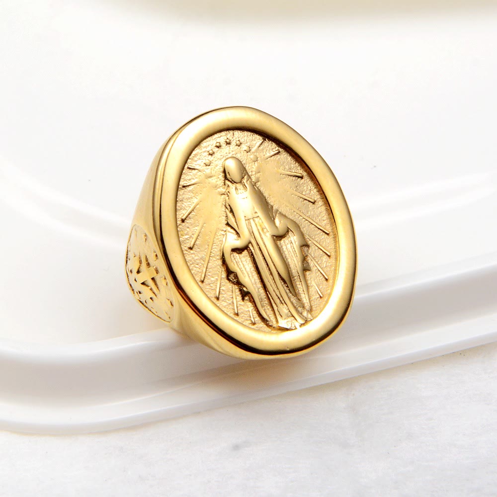 Anillo de Conexión de Fe con Medalla Milagrosa de la Virgen María Estilo Clásico Minimalista
