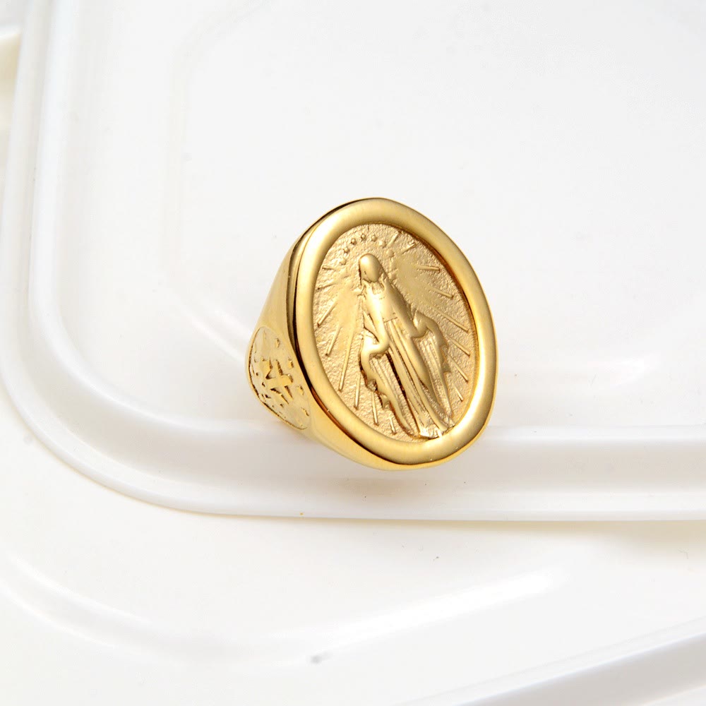 Anillo de Conexión de Fe con Medalla Milagrosa de la Virgen María Estilo Clásico Minimalista