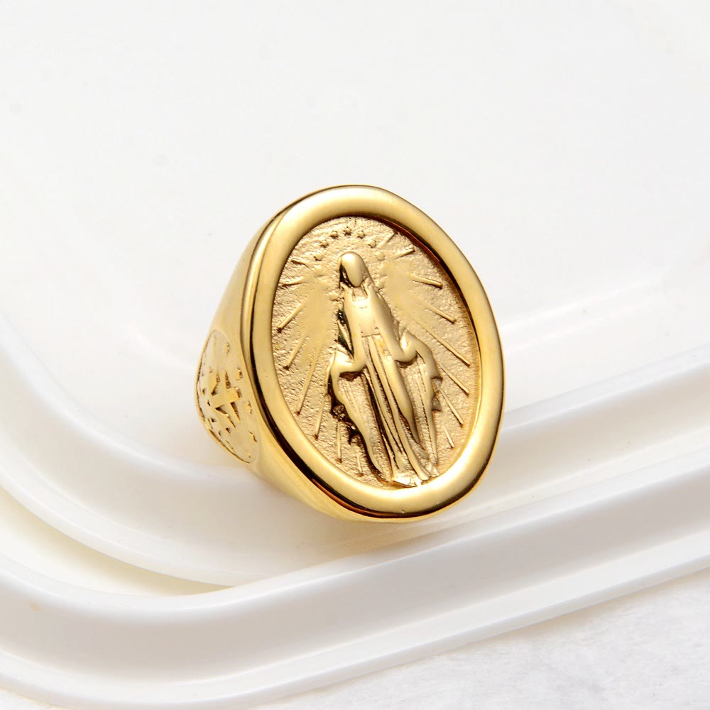 Anillo de Conexión de Fe con Medalla Milagrosa de la Virgen María Estilo Clásico Minimalista