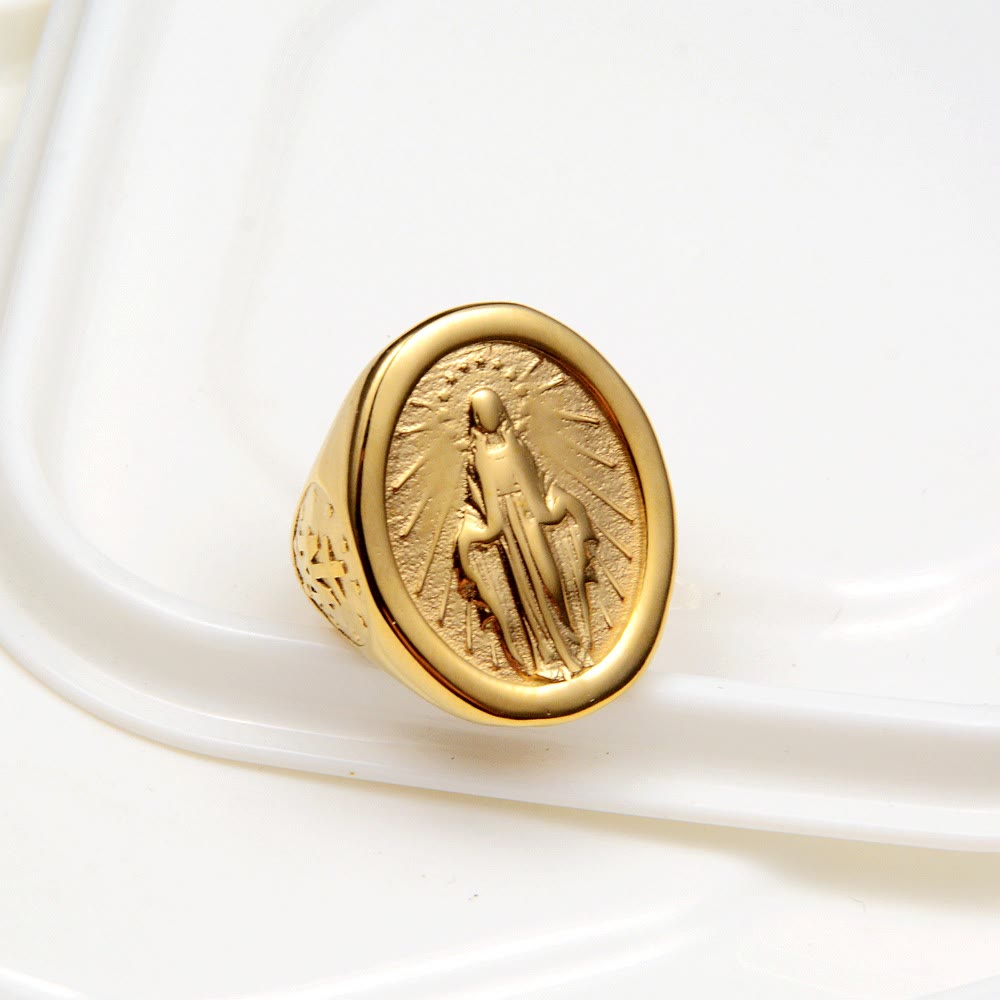 Anillo de Conexión de Fe con Medalla Milagrosa de la Virgen María Estilo Clásico Minimalista