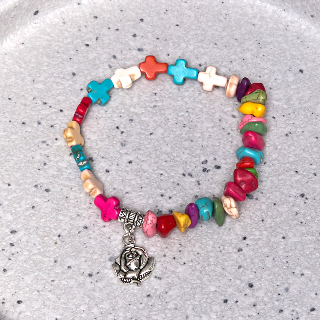 Pulsera de Turquesa con Rosa y Cruz de la Virgen María Estilo Bohemio