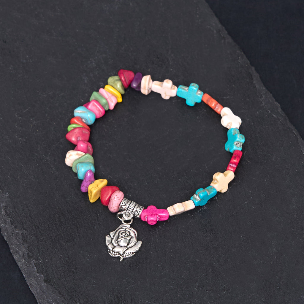 Pulsera de Turquesa con Rosa y Cruz de la Virgen María Estilo Bohemio