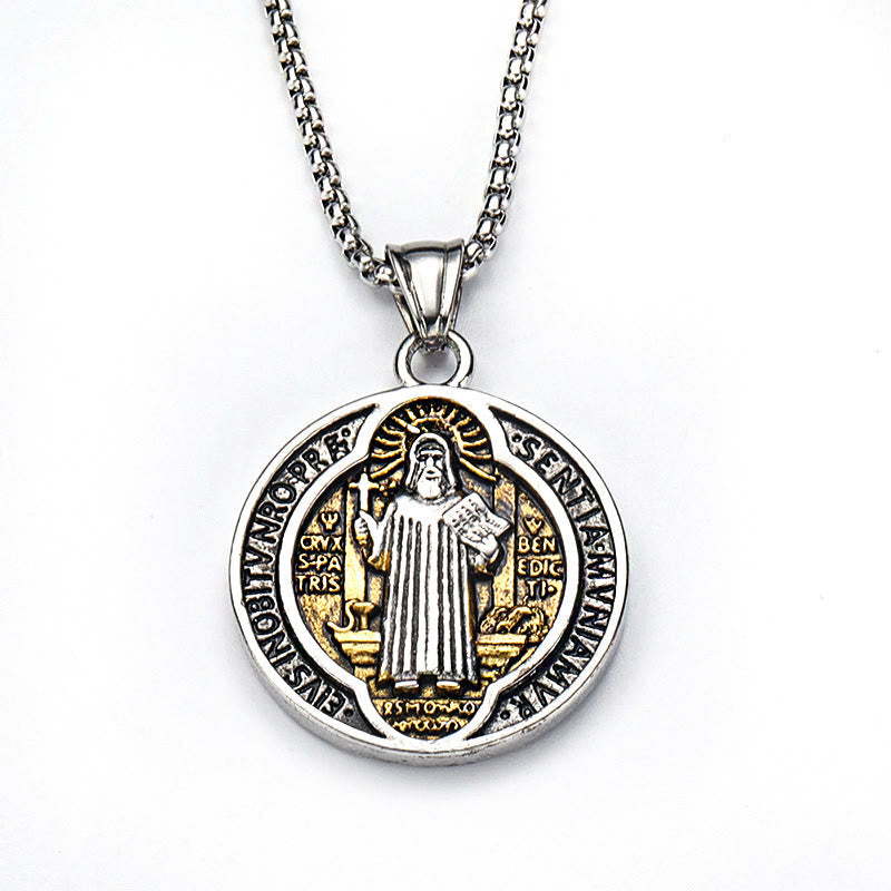 Collar con Dije de Protección Sagrada de San Benito Artesanal Estilo Retro Clásico