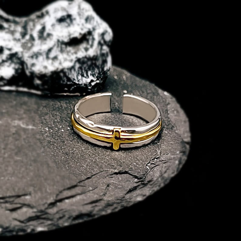 Anillo de Bendición de Cruz en Dos Tonos Estilo Retro Minimalista