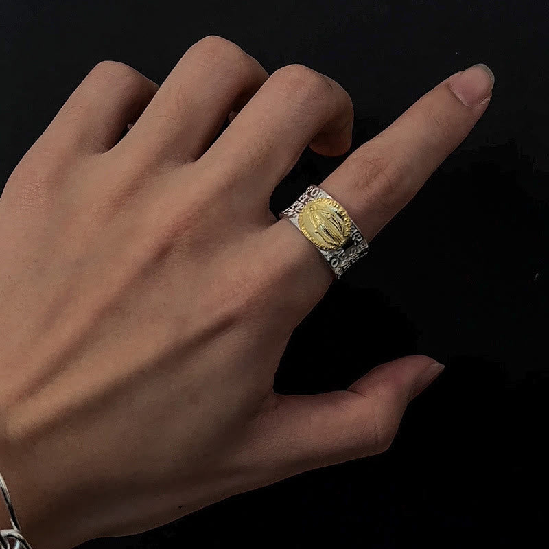 Anillo Ajustable de Aleación con Medalla Milagrosa Dorada de la Virgen Estilo Retro