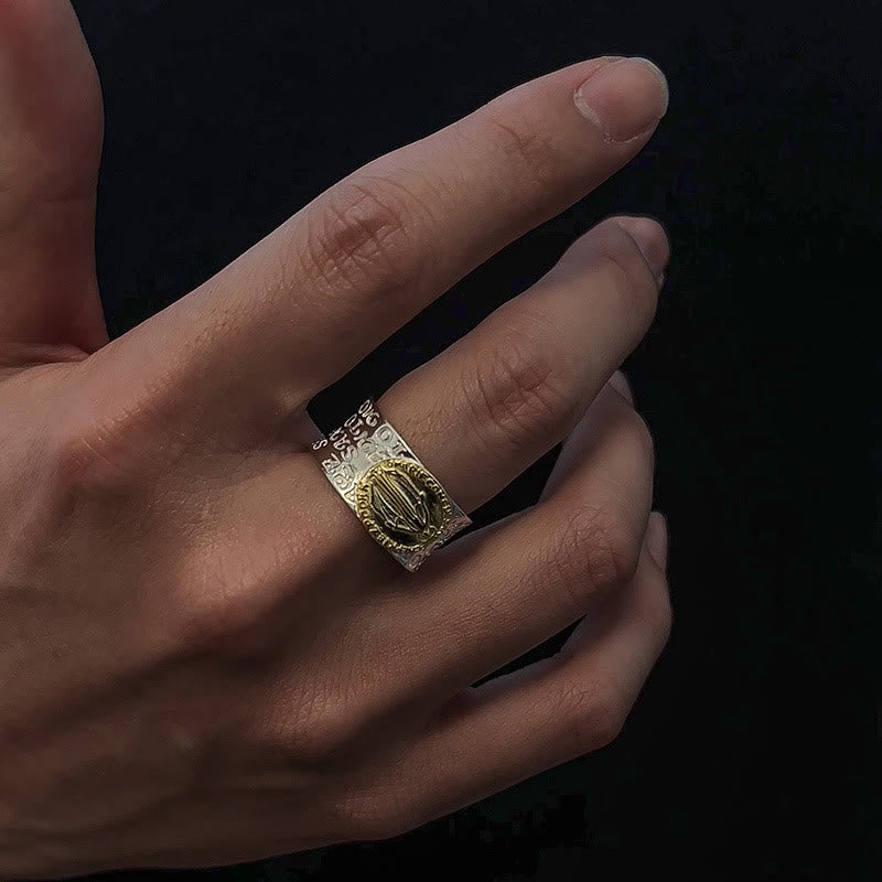 Anillo Ajustable de Aleación con Medalla Milagrosa Dorada de la Virgen Estilo Retro