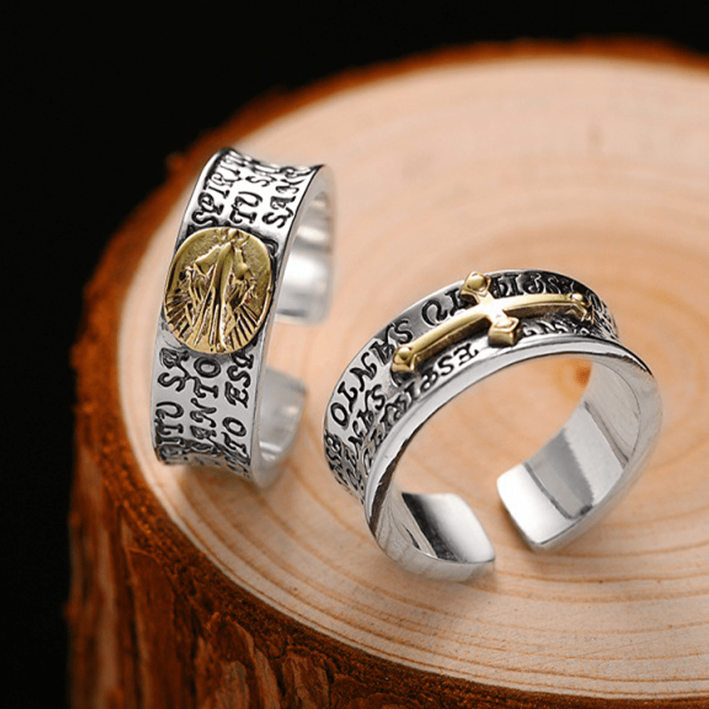 Anillo Ajustable de Aleación con Medalla Milagrosa Dorada de la Virgen Estilo Retro
