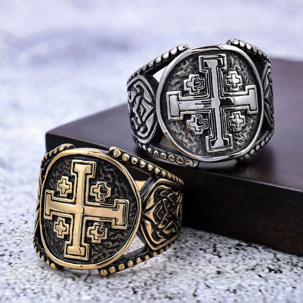Anillo de Aleación con Símbolo Cruz de Jerusalén Estilo Artesanal Clásico