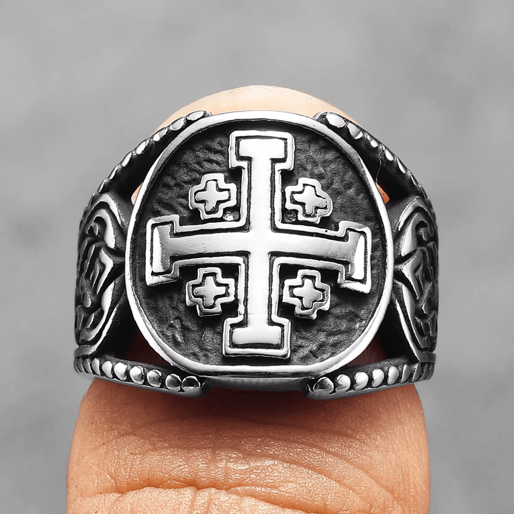Anillo de Aleación con Símbolo Cruz de Jerusalén Estilo Artesanal Clásico