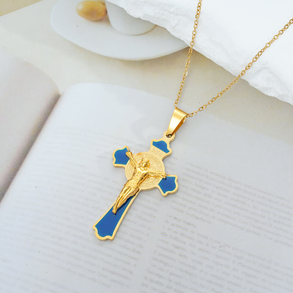 Collar con Dije de Protección Crucifijo y Medalla de San Benito Multicolor Estilo Moderno (8 colores)