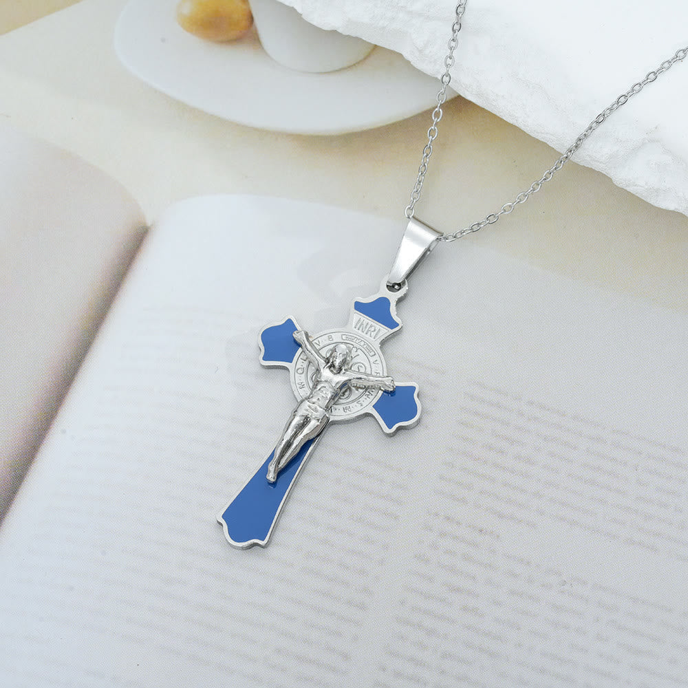 Collar con Dije de Protección Crucifijo y Medalla de San Benito Multicolor Estilo Moderno (8 colores)