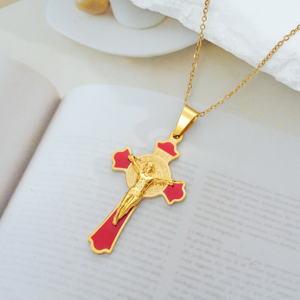 Collar con Dije de Protección Crucifijo y Medalla de San Benito Multicolor Estilo Moderno (8 colores)