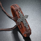 Pulsera Ajustable de Cordón de Cuero con Dije de Cruz Estilo Artesanal Antiguo