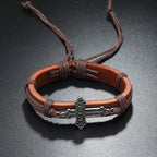 Pulsera Ajustable de Cordón de Cuero con Dije de Cruz Estilo Artesanal Antiguo