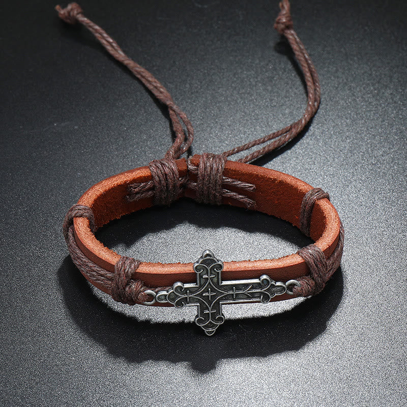 Pulsera Ajustable de Cordón de Cuero con Dije de Cruz Estilo Artesanal Antiguo