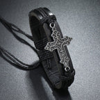 Pulsera Ajustable de Cordón de Cuero con Dije de Cruz Estilo Artesanal Antiguo