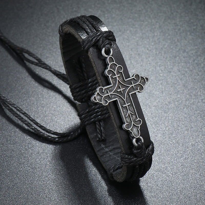 Pulsera Ajustable de Cordón de Cuero con Dije de Cruz Estilo Artesanal Antiguo