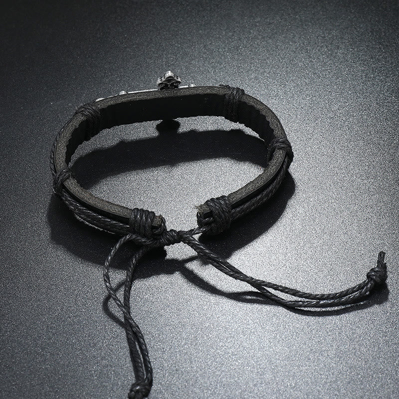 Pulsera Ajustable de Cordón de Cuero con Dije de Cruz Estilo Artesanal Antiguo