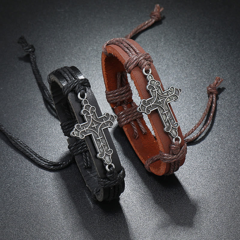 Pulsera Ajustable de Cordón de Cuero con Dije de Cruz Estilo Artesanal Antiguo