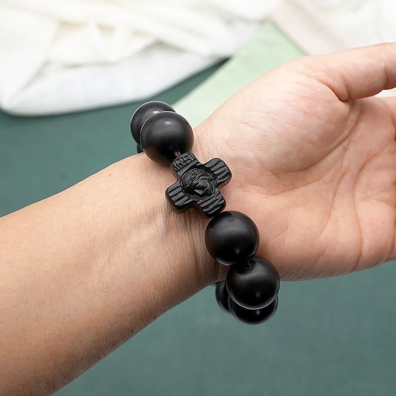 Pulsera Rosario Clásica de Sándalo Negro con Cruz de Jesucristo