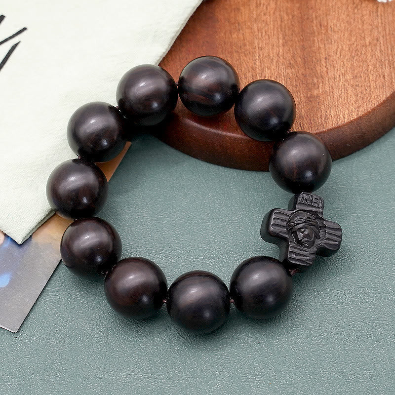 Pulsera Rosario Clásica de Sándalo Negro con Cruz de Jesucristo