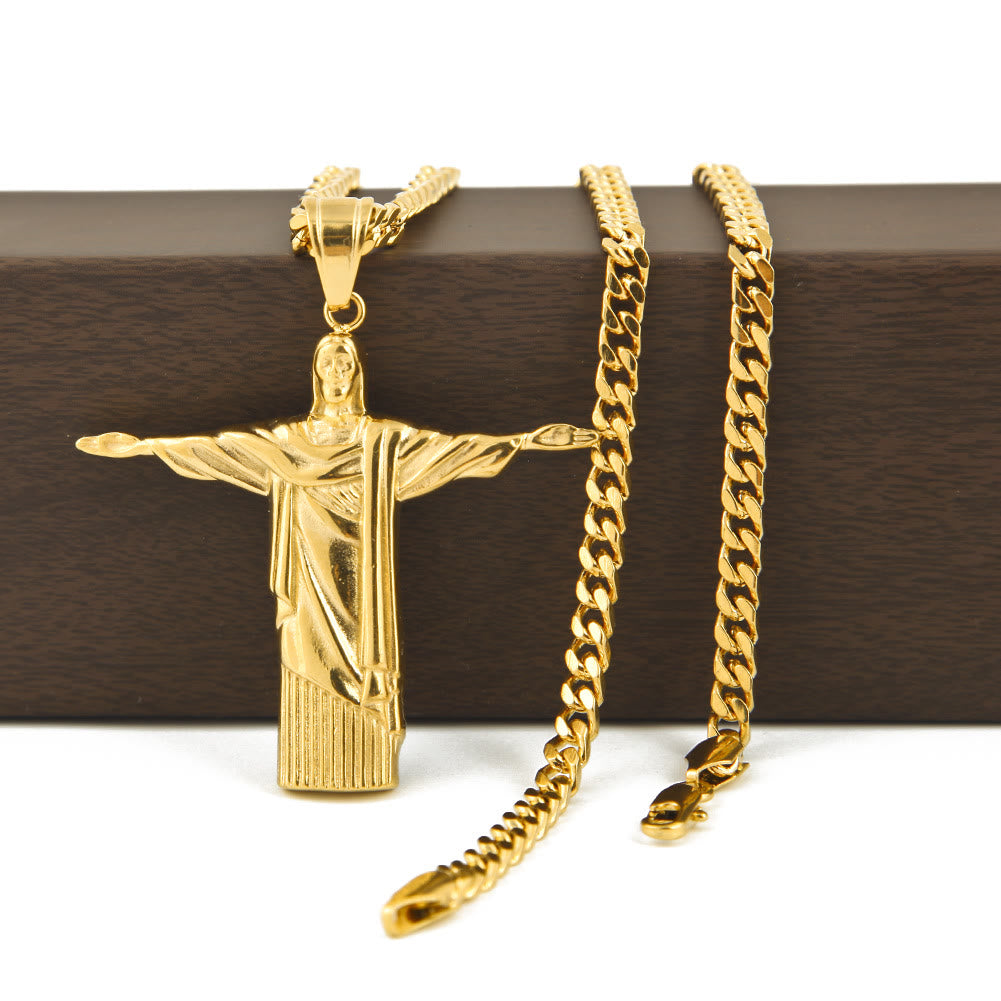 Collar con Dije del Cristo Redentor en Acabado Dorado Majestuoso Estilo Clásico