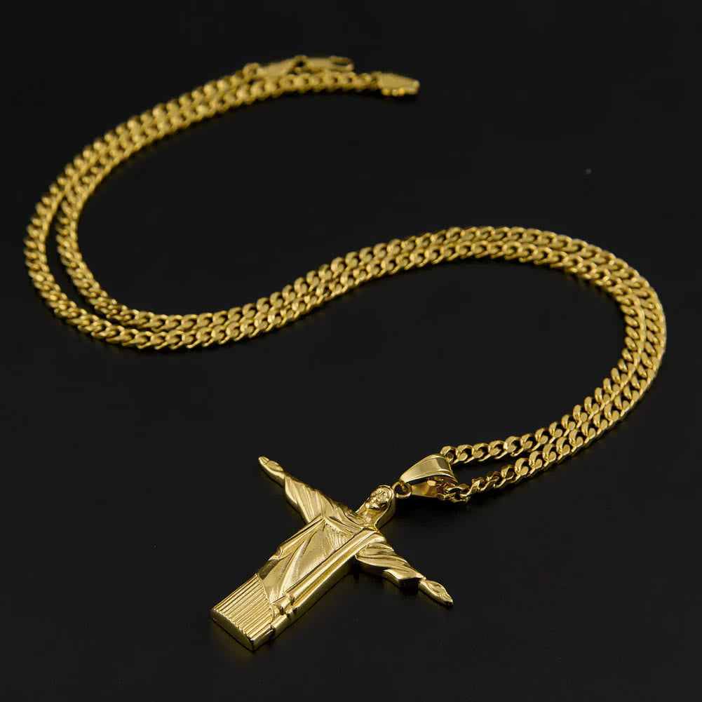 Collar con Dije del Cristo Redentor en Acabado Dorado Majestuoso Estilo Clásico