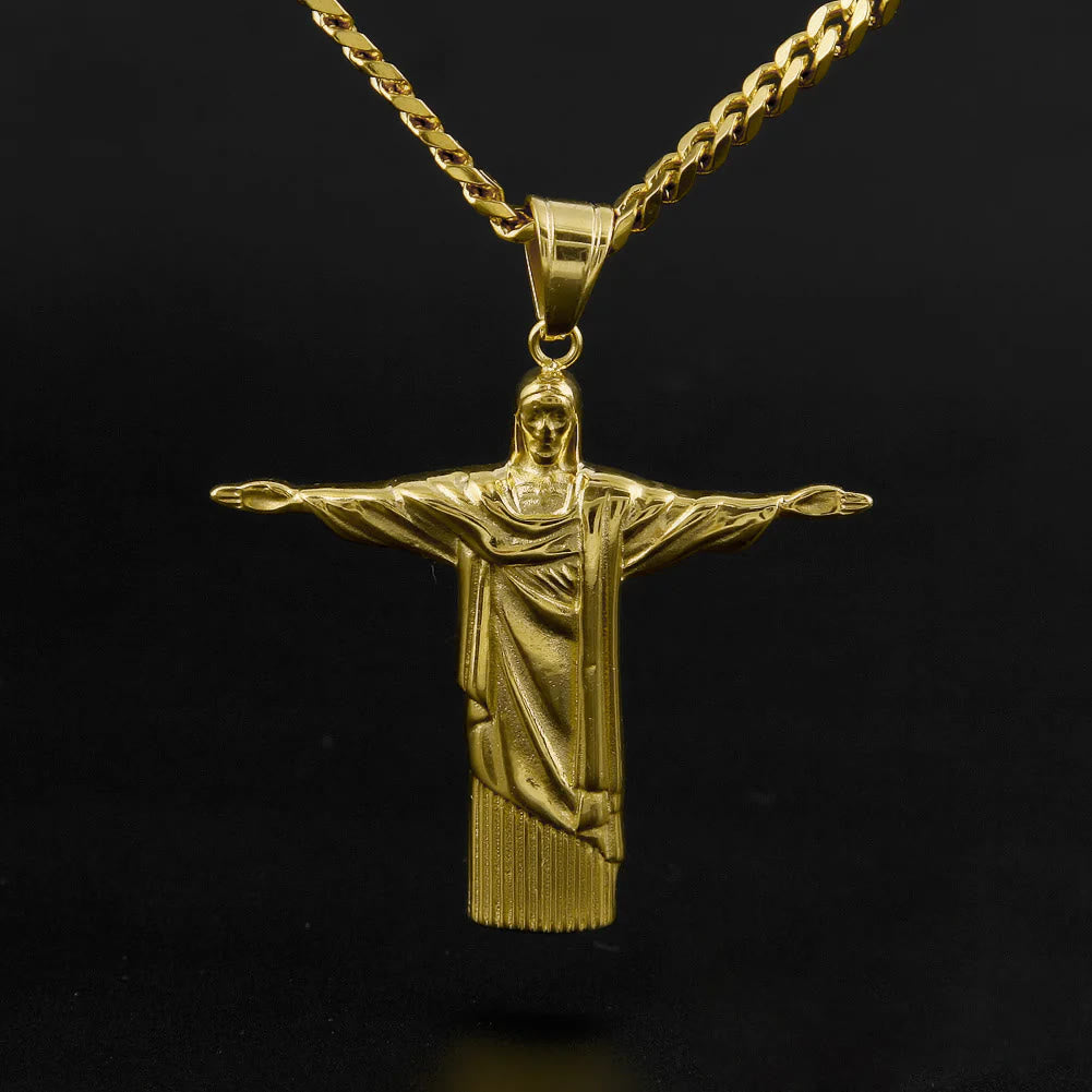Collar con Dije del Cristo Redentor en Acabado Dorado Majestuoso Estilo Clásico