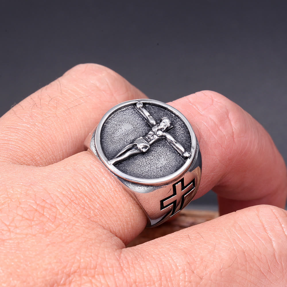 Anillo de Fe Bendecido con Símbolo Crucifijo de Jesús Estilo Retro Clásico