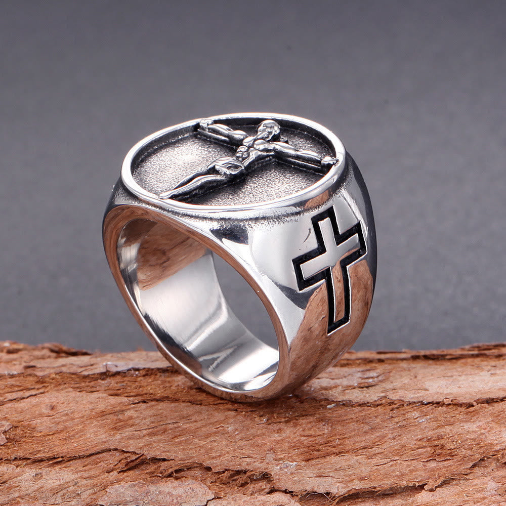 Anillo de Fe Bendecido con Símbolo Crucifijo de Jesús Estilo Retro Clásico