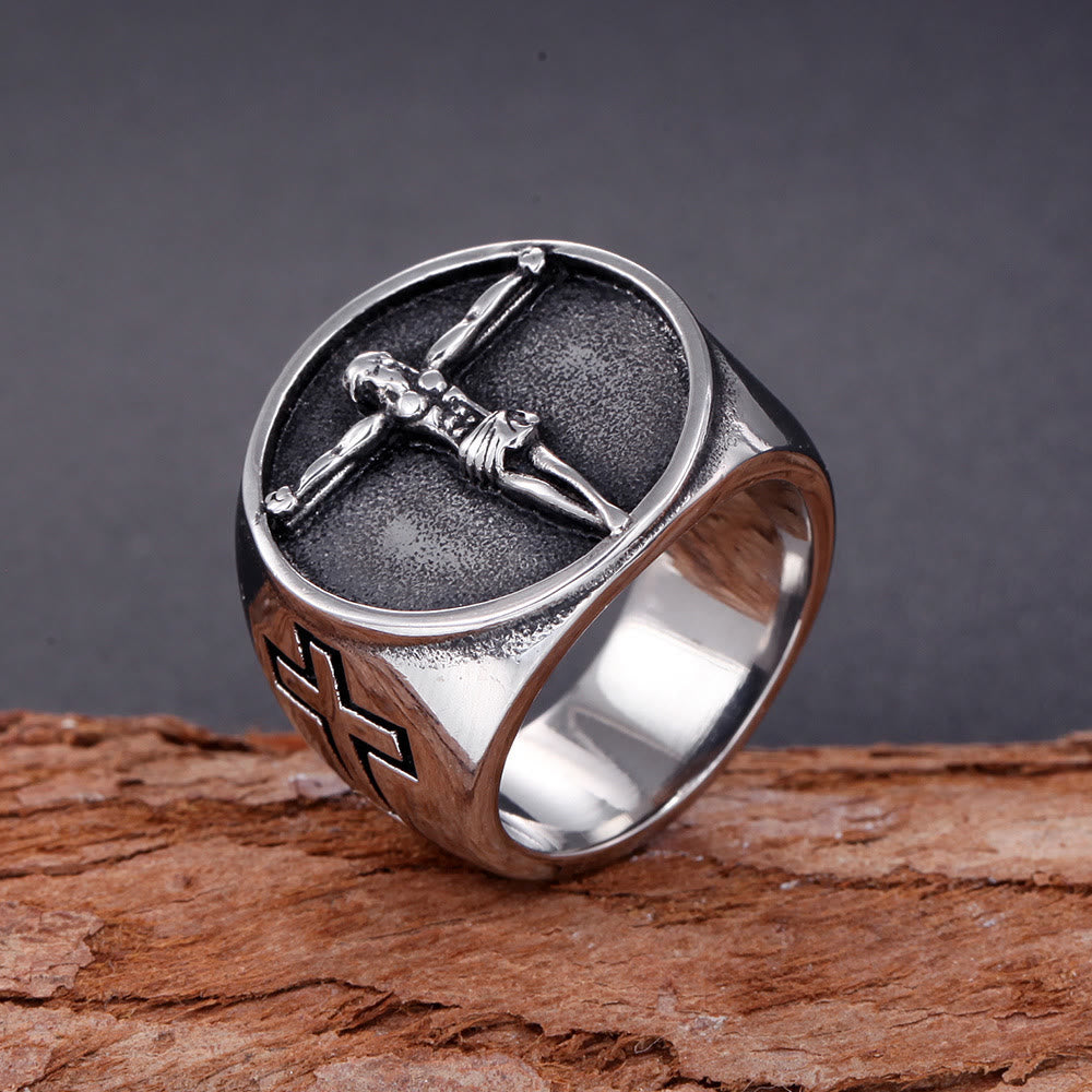 Anillo de Fe Bendecido con Símbolo Crucifijo de Jesús Estilo Retro Clásico