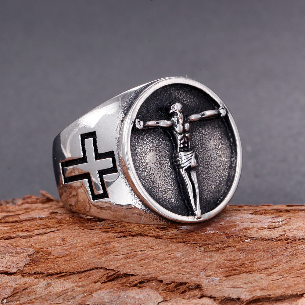 Anillo de Fe Bendecido con Símbolo Crucifijo de Jesús Estilo Retro Clásico
