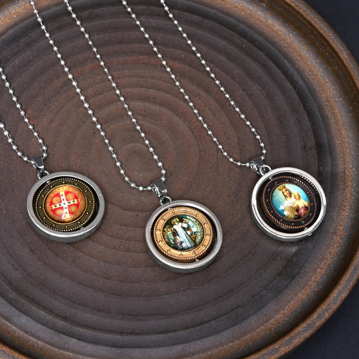 Retro Style Jesus St. Benendict Vrigin Mary Icon Rotating Pendant