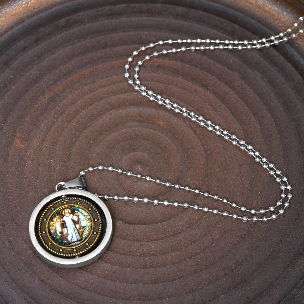 Collar con Dije Giratorio de Íconos de Jesús, San Benito y la Virgen María Estilo Retro